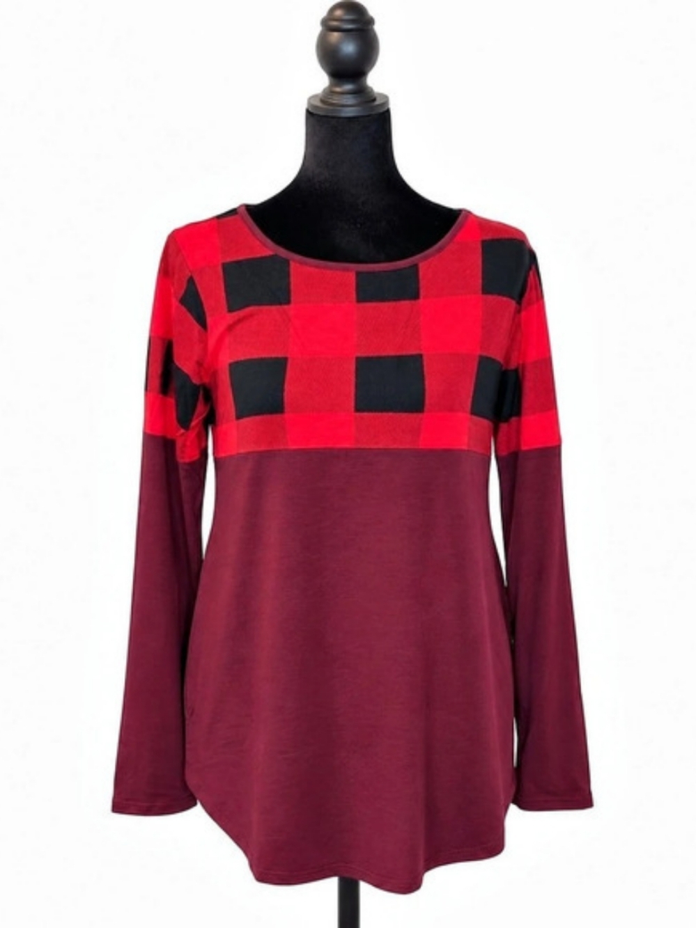 Zenana Checkered Long Sleeve Tunic in Red, Black, And Burgundy NWT